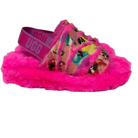 NEW! UGG Fluff Yeah Tiger Flower Taffy  Pink Floral Slipper Sandal Women's 7 - Picture 1 of 9